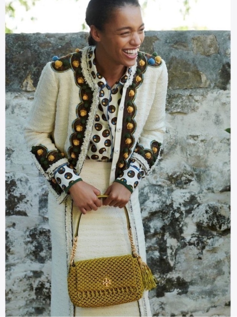 Tory Burch Kira Chevron Macrame Woven Small Shoulder Bag, Pear -Dustbag Included